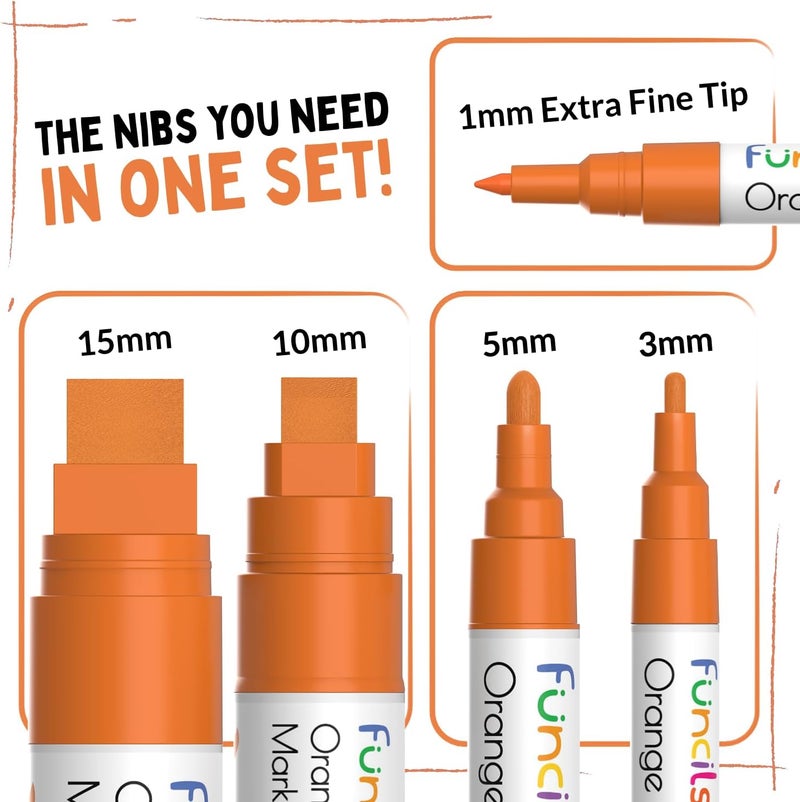 Funcils 5 Orange Paint Pens - Extra Fine Tip, Thin & Jumbo (1mm, 3mm, 6mm, 10mm, 15mm) - Acrylic Orange Paint Marker for Metal, Fabric Pen, Plastic, Canvas, Wood, Rock Painting - Water-based Ink - Image 2